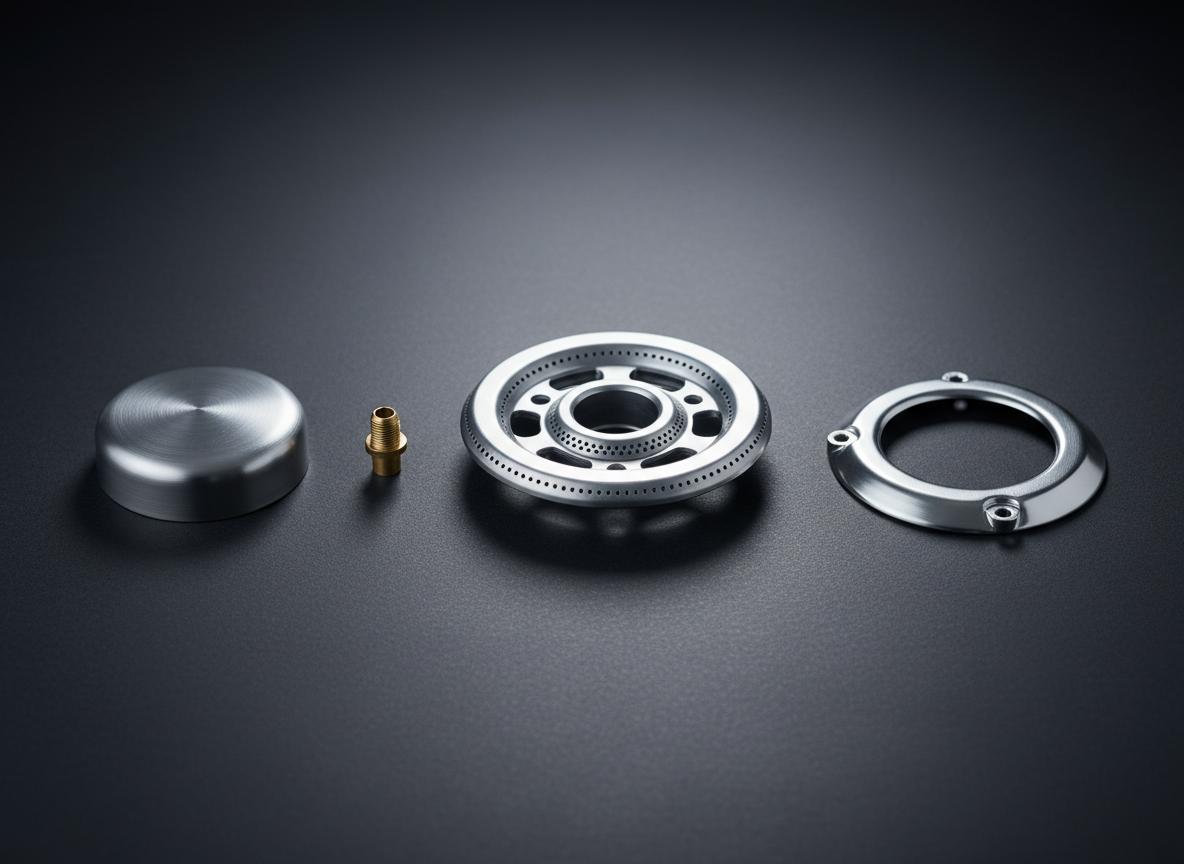 A detailed, photographic close-up of a stainless steel gas hob burner assembly disassembled into its main spare parts: burner cap, burner head, injector, and mounting ring, all aligned on a dark charcoal work surface. The metal surfaces show a subtle brushed texture, with precise machining and clean gas ports clearly visible. Controlled, cool-toned studio lighting from above and slightly behind creates a professional sheen on the steel and distinct, soft-edged shadows. The composition uses the rule of thirds, with the main burner head in sharp focus and the peripheral components slightly softer, creating a sense of depth. The atmosphere is clean, modern, and technically focused, perfect for illustrating gas cooking appliance spares.