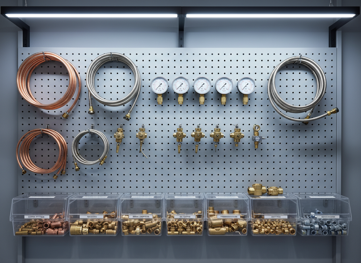 A wall-mounted pegboard system in a professional service workshop, meticulously organized with hanging gas appliance spare parts: coiled copper gas pipes, flexible stainless hoses, pressure gauges, pilot assemblies, and various brass fittings in labeled transparent bins along the bottom. The pegboard is a neutral light gray, contrasting with the warm metallic tones of copper and brass. Cool, even overhead lighting ensures every detail is visible, creating faint, tidy shadows behind each item. Photographic realism, captured straight-on with sharp focus across the scene, gives a catalog-like clarity. The mood is efficient, methodical, and trustworthy, highlighting the professionalism and readiness of a gas spare parts supplier’s technical workspace.