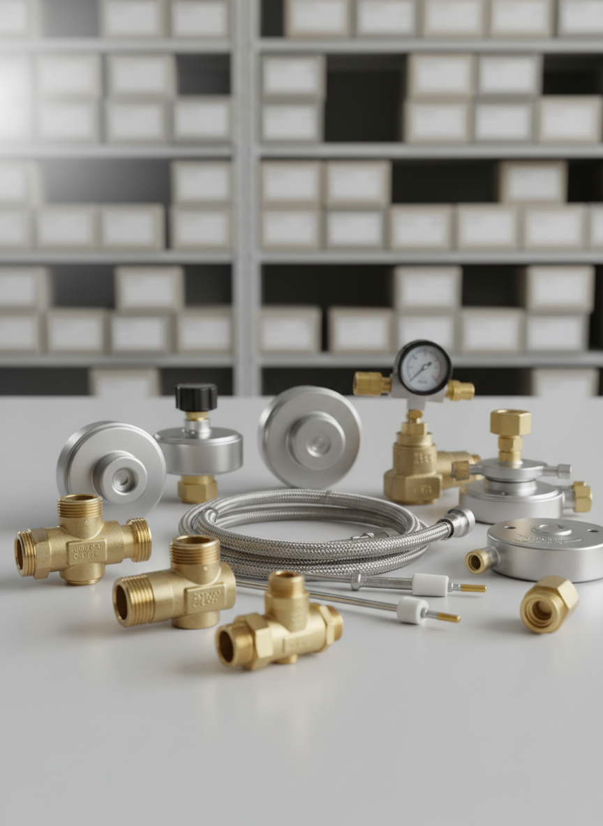 A neatly organized selection of gas appliance spare parts laid out on a clean, light gray workshop surface, including brass gas valves, stainless steel burner heads, flexible gas hoses, ignition electrodes, and precision regulators. Each component is spotless, with visible machining marks and engraved specifications. Soft studio lighting from above and slightly to the side creates gentle reflections on metal surfaces and crisp, professional shadows. The background is subtly blurred shelves of boxed inventory in neutral tones, reinforcing a warehouse setting. Photographic realism, shot at eye level with moderate depth of field, emphasizes clarity and technical detail. The mood is highly professional, reliable, and organized, ideal for a gas appliance spare parts supplier homepage hero image.