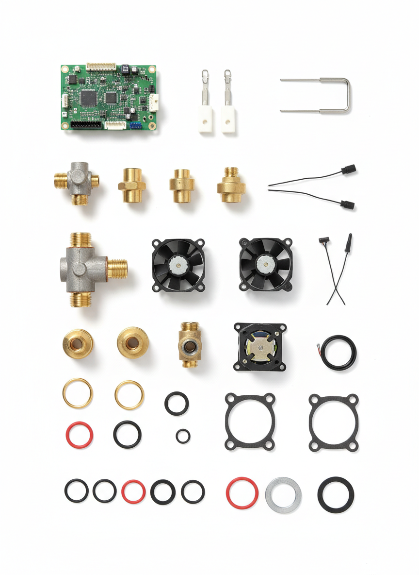 An array of domestic gas boiler spare parts arranged in a carefully spaced layout on a white, seamless background, including a printed circuit board, ignition electrodes, gas valves, fan assemblies, thermistors, and seals. Each component is pristine, with crisp edges and accurate colors: green PCB with silver solder points, white ceramic igniters, silver and brass fittings. Soft, diffused studio lighting eliminates harsh shadows, with gentle, professional-looking shading beneath each item to give depth. Photographic realism, shot from directly above like a flat lay, emphasizing categorization and clarity. The mood is technical yet approachable, conveying a comprehensive, well-organized range of boiler parts for professional installers and maintenance engineers.