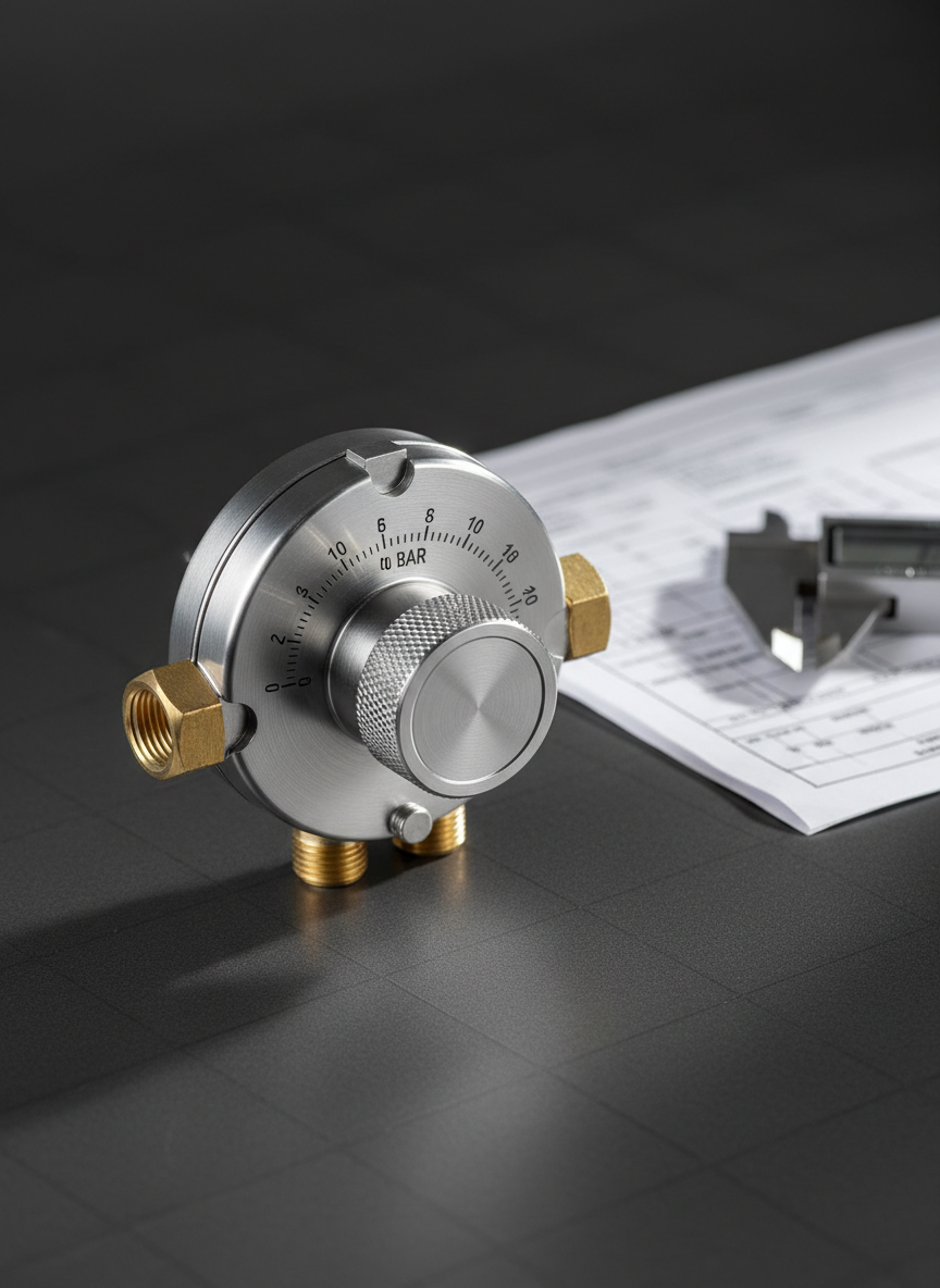A close-up, photographic image of a high-precision gas pressure regulator made of brushed stainless steel with clearly etched calibration markings, sturdy adjustment knob, and threaded brass connectors. The regulator rests on a dark, matte technical workbench with faint grid lines, next to a neatly folded technical data sheet and a digital caliper slightly out of focus. Directional studio lighting from the left creates defined highlights along the curved metal surfaces and subtle reflections, with a smooth gradient shadow to the right. Shot with a shallow depth of field and centered composition, the image feels technical, precise, and authoritative, ideal for illustrating product detail on a gas spare parts supplier’s site.