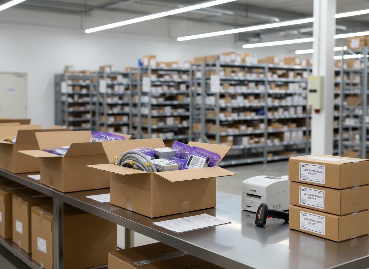 A technical packing station in a modern distribution center dedicated to gas spare parts, featuring a clean workbench with open cardboard shipping boxes, anti-static bags containing ignition modules, neatly coiled gas hoses, and printed picking lists. A barcode scanner, label printer, and stack of labeled parcels are arranged in an orderly fashion. Neutral-toned walls and racking form a softly blurred background. Bright, uniform overhead lighting bathes the scene, minimizing shadows and emphasizing cleanliness. Photographic realism at a slightly elevated three-quarter angle, capturing both the work surface and the immediate surroundings. The mood is efficient, precise, and reliable, conveying fast, professional order fulfillment for gas appliance spare parts.