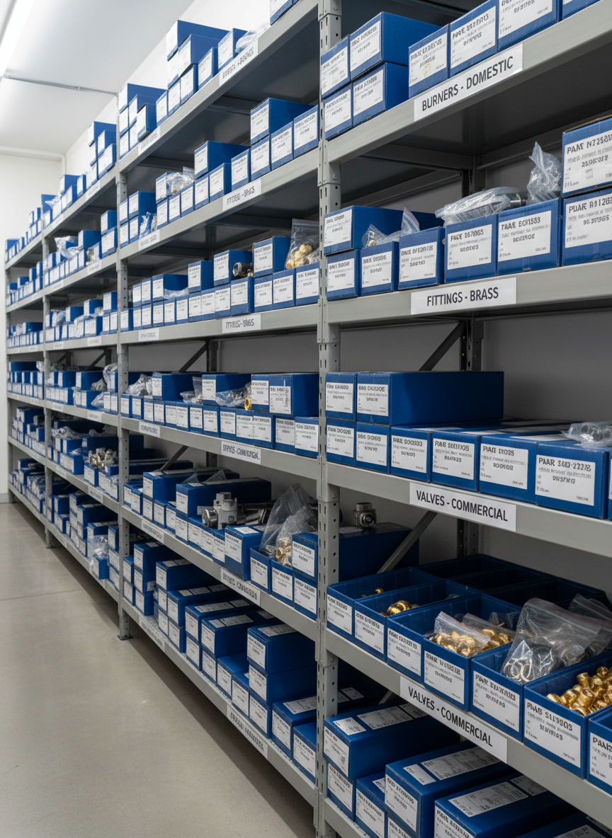 A row of labeled industrial shelving filled with neatly boxed and bagged gas spare parts, from small brass fittings to larger stainless steel burner assemblies, all in consistent, professional packaging with clear part numbers. The shelves are powder-coated steel in a neutral gray, anchored to a spotless light concrete floor. Cool, even overhead warehouse lighting illuminates every label and surface, with subtle highlights on metallic components visible through transparent packaging. Photographic realism, captured from a slightly elevated angle down the aisle to create depth and perspective. The mood is orderly, efficient, and trustworthy, conveying a well-stocked, professional gas appliance spare parts supplier ready to fulfill technical orders.