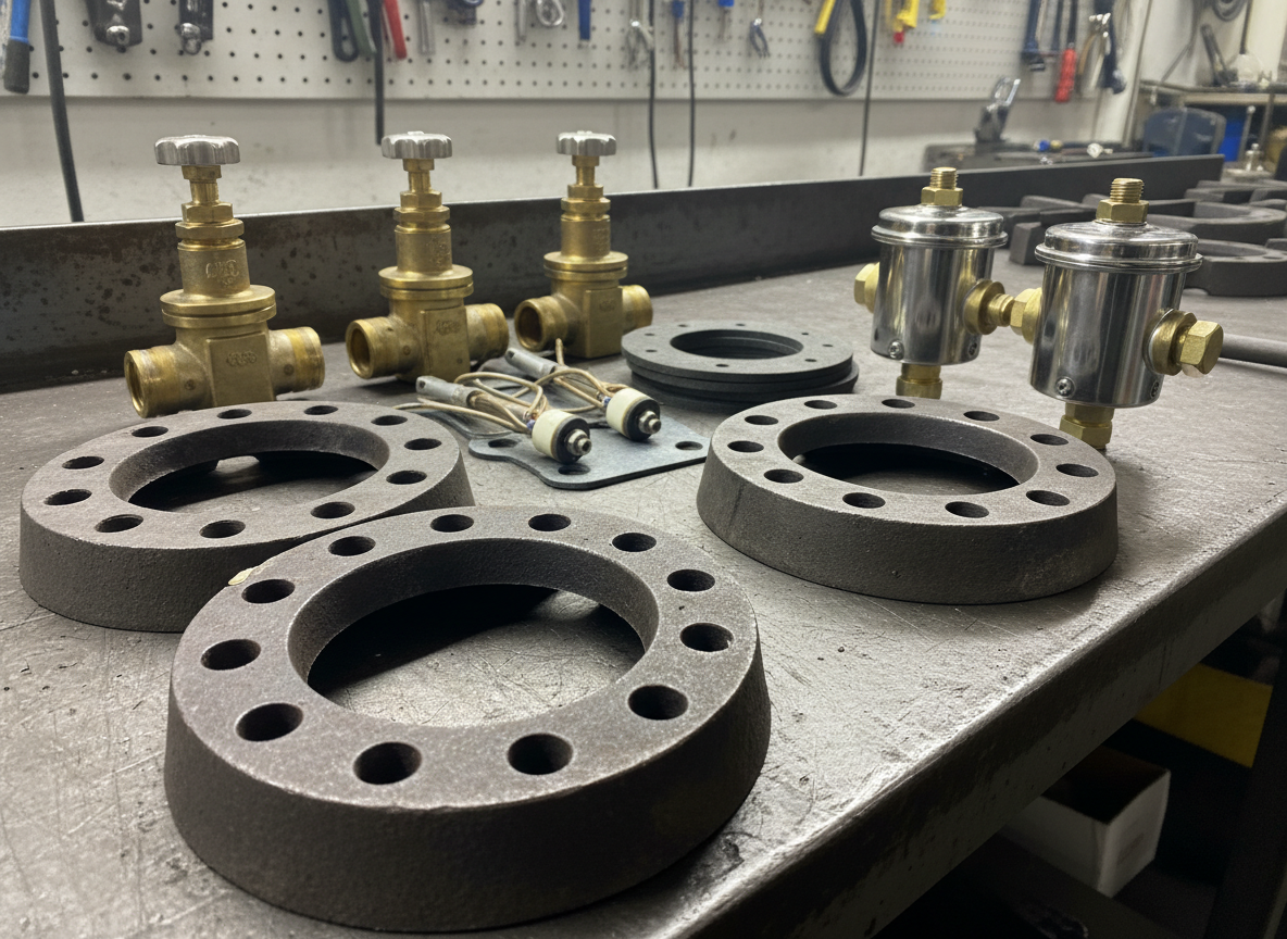 A collection of industrial gas burner spares arranged on a heavy-duty dark steel workbench: cast-iron burner rings, robust gas valves, flame sensors, high-temperature gaskets, and heavy-duty pressure regulators. The cast iron has a slightly matte, textured finish, while the brass and stainless components catch the light with subtle reflections. Focused overhead workshop lighting creates a strong but controlled contrast, accentuating edges and shapes without obscuring detail. Photographic realism, captured at a low angle to give the components a solid, substantial presence. The mood is robust, dependable, and industrial, suitable for showcasing gas spare parts for commercial kitchens, heaters, and process burners.